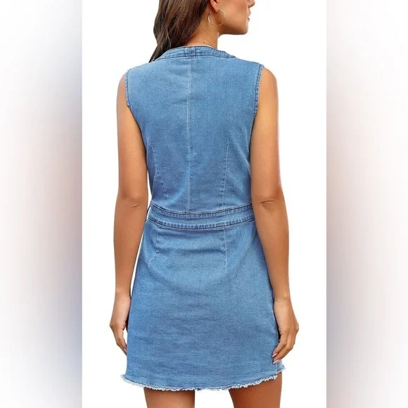 Blue Denim Overall Dress with V-Neckline - Picture 2 of 5